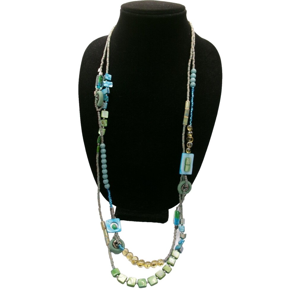 Vintage 2 Strand Aqua Blue Beaded Necklace Shell & Glass Signed "T" Talbots? 38"